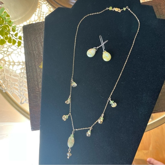 Handmade Necklace And Earring Set - Green & Yellow Glass - Gold Filled Chain - Picture 3 of 13